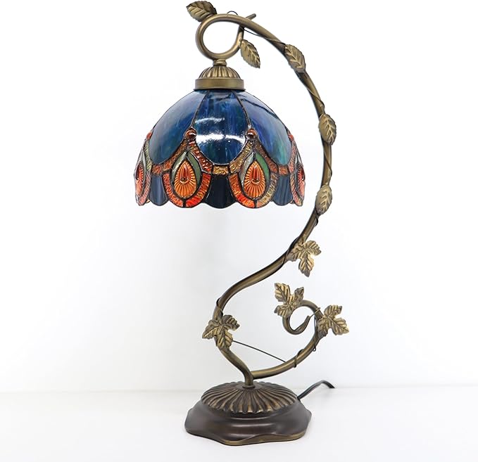 Tiffany Table Lamp, Stained Glass Desk Reading Light,Metal Leaf Table Lamp Base 8X10X21 Inches (Peacock Crystal)