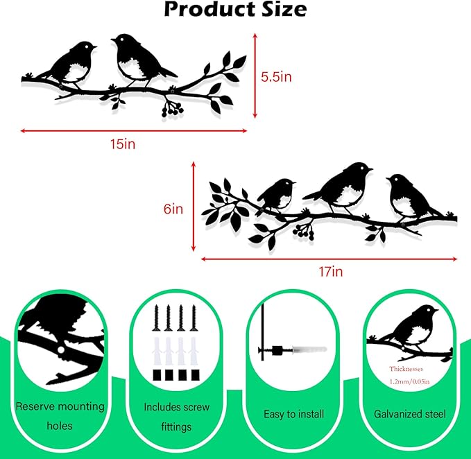 Harikikochuu 2 Pcs Metal Birds Wall Art Decor Robin Bird on the Branch Silhouette Art Metal Decorative Birds Hanging Wall Sculpture for Outdoor Balcony Garden Porch Décor(Black)