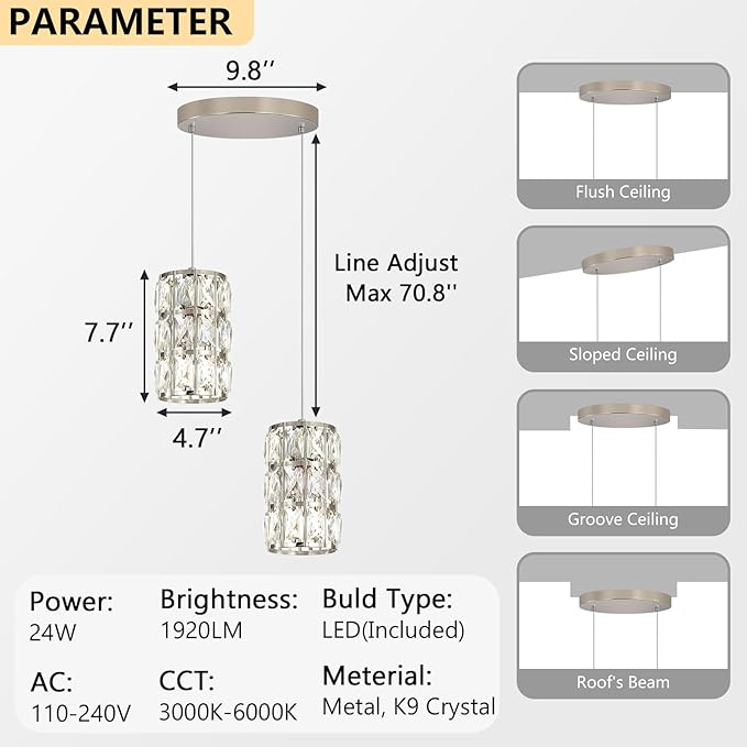 2-Lights Modern Crystal Pendant Lights for Kitchen Island LED Dimmable Glam Pendant Lighting Chandelier for Dining Room Hallway Corner Lamp Nickel
