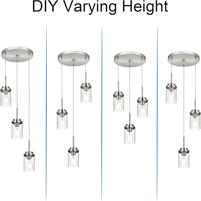 MELUCEE 3-Light Hanging Chandelier Light for Dining Room in Brushed Nickel, Modern Kitchen Island Pendant Lighting Adjustable Hanging Ceiling Lamp with Clear Glass Shade