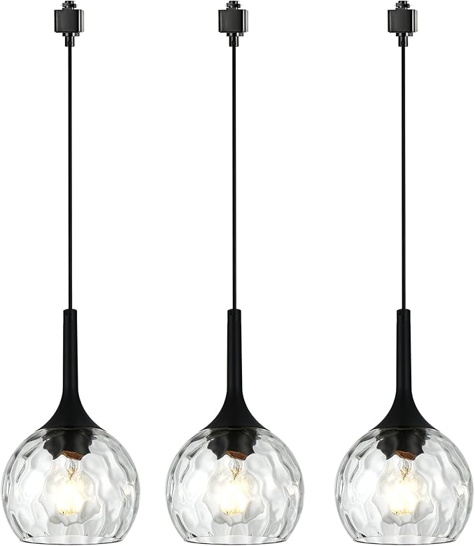 VINLUZ 3 Pack H-Type Matte Black Track Lighting Pendant Industrial Kitchen Island Lighting with Round Ribbed Glass Shades, Hanging Chandelier for Dining Room