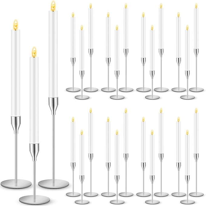 30 Pcs Silver Candlestick Holders with LED Flameless Candles Bulk Includes 15 Metal Candle Holders and 15 Battery Operated Candles for Wedding Table Centerpieces Home Decor