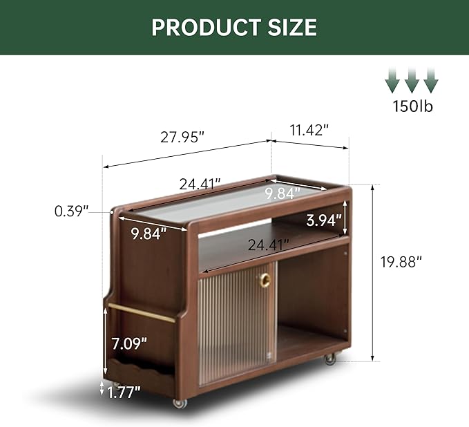 Solid Wood Side Table with Wheels, Narrow Side Table with Storage, Rolling Bedside Table for Bedroom Living Room Dining Room(Walnut, 27.95" D x 11.42" W x 19.88" H)