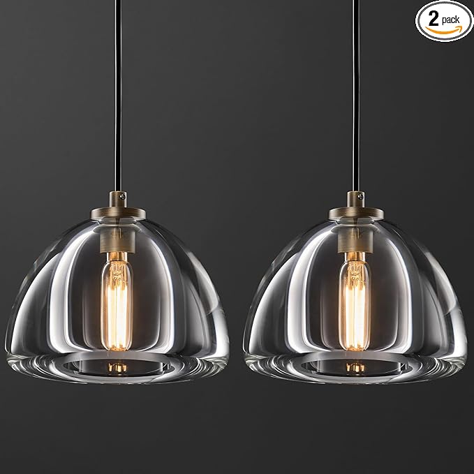 Aged Brass Crystal Pendant Light: Set of 2 Dimmable Antique Copper Hanging Pendant Light Fixtures over Kitchen Island -7" Modern Luxury Vintage Dining Room Pendants Lighting 3000k E12 Bulb Included