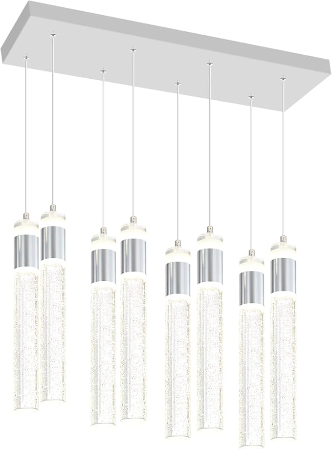 8-Lights Silver Hanging Pendant Light for Kitchen Island Modern Dimmable LED Crystal Chandeliers for Dining Room Bedroom Living Room Over Table Adjustable Height