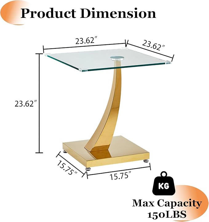 23" Glass End Table, Modern Square Side Table with Tempered Glass Top and Gold Horn-Shaped Stainless Steel Base for Apartment, Office