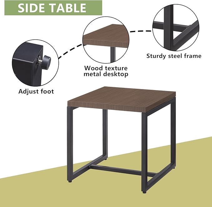 Rilyson Patio Tables Outdoor Coffee Table - Steel Side Tables End Table for Proch Deck Balcony Garden Squre Brown Tabletop