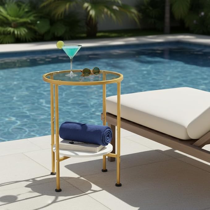Round Gold Side Table, 2 Tier Tempered Glass Top End Table with White Storage Shelf for Living Room,Modern Small Nightstand for Bedroom,Metal Accent Bedside Table for Small Spaces