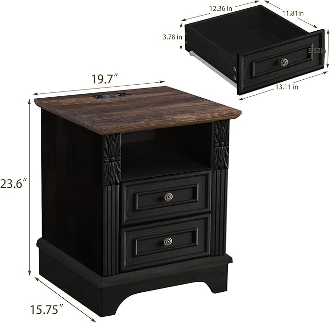 Farmhouse Nightstand wtih Charging Station, 20" End Table with 2 Drawers, Night Stand Side Table Storage Cabinet with Carved Pilasters for Bedroom,Wood Rustic, Black