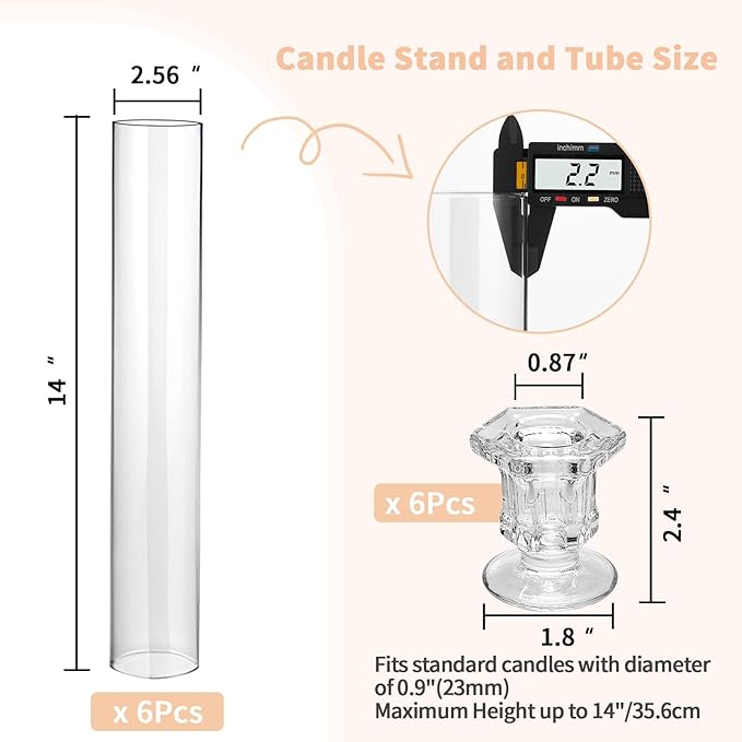CHILL RECIPE Glass Hurricane Candlestick Holders Clear 14" Tall Cylinder Candle Holder Chimney Tube, Taper Crystal Candle Stick Holder for Birthday Wedding Christmas Home Decor(6Pcs Diamond)