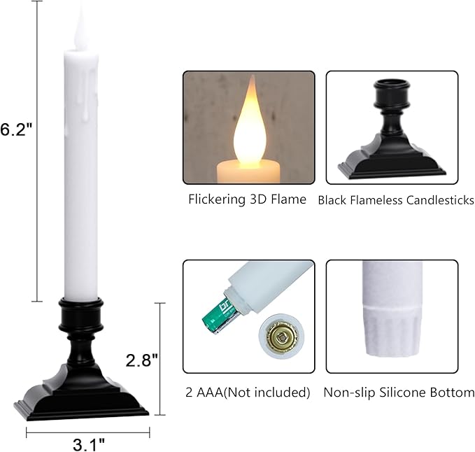 Christmas LED Taper Candles with Remote Timer, White Battery Operated Candle with Black Plastic Base, 9 Inch Tall Flameless CandleSticks for Home Christmas Decorations(4 Pack)