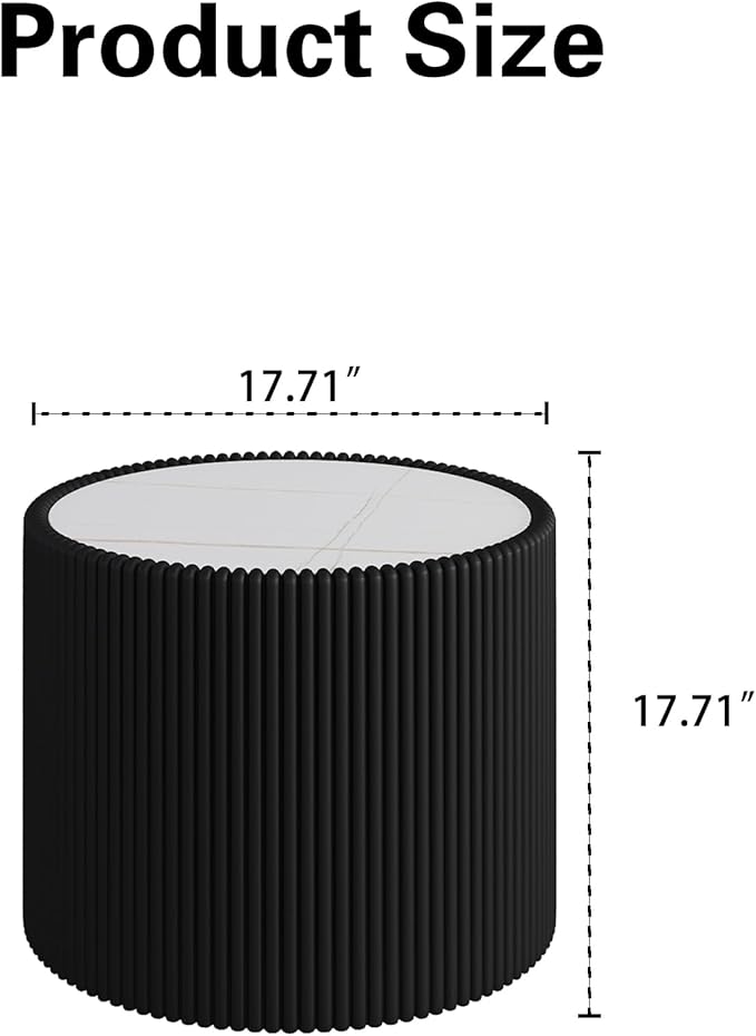 17.71" Black Round Coffee Table, Drum Coffee Table with Sintered Stone Tabletop and Fluted PU Leather Covered and Stable Base, Circle Cocktail Tea Table for Living Room