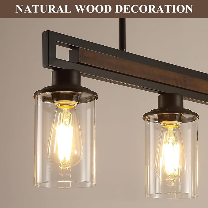 Farmhouse Dining Room Light Fixture, 3-Light Wood Kitchen Island Lighting for Dining Room Over Table, Black Adjustable Pendant Light with Clear Glass Shades, Linear Chandeliers Lighting for Kitchen