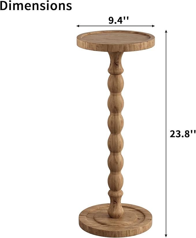 Small Side Table, Rubberwood‌ Drink Table for Small Spaces, Solid Wood Pedestal Tables, Round End Tables for Living Room, Bedroom, Corners, and Office (Brown, 9.4 inch)