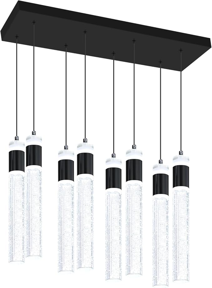 8-Lights Black Hanging Pendant Light for Kitchen Island Modern Dimmable LED Crystal Chandeliers for Dining Room Bedroom Living Room Over Table Adjustable Height
