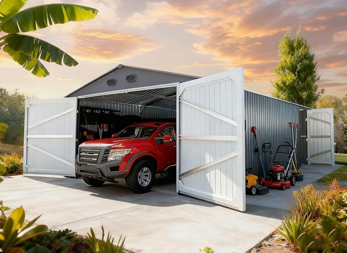 13x20 Outdoor Storage Shed, Extra Large Metal Garage Building, Heavy Duty Steel Car Shed with Side Door & Updated Frame Structure, Waterproof Carport for Car, Truck, Bike, Tool Storage, Dark Gray