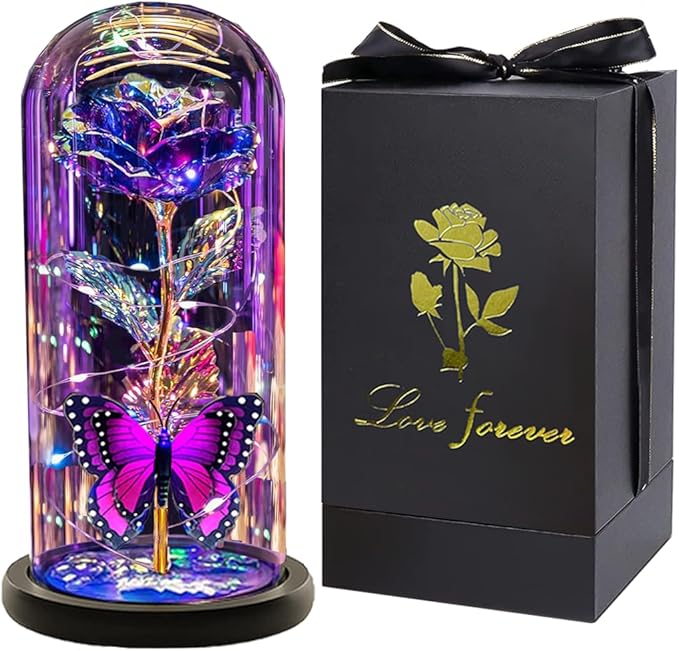 Christmas Flowers Gifts for her Women Mom Wife,Womens Gifts for Christmas, Rose Flowers Gift Light Up Rose in Glass Dome,Birthday Gifts for Woman Purple