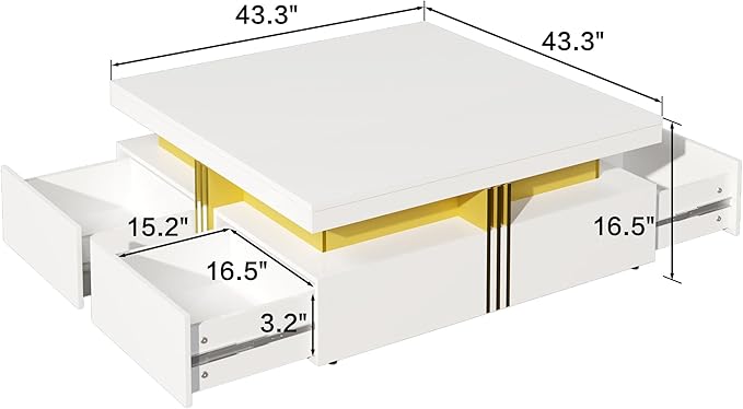 Merax 43.3" Modern Glossy Square Storage Coffee Table with 4 Drawers, Gold Accents, Functional Center Tables for Living Room Apartment, Glossy White
