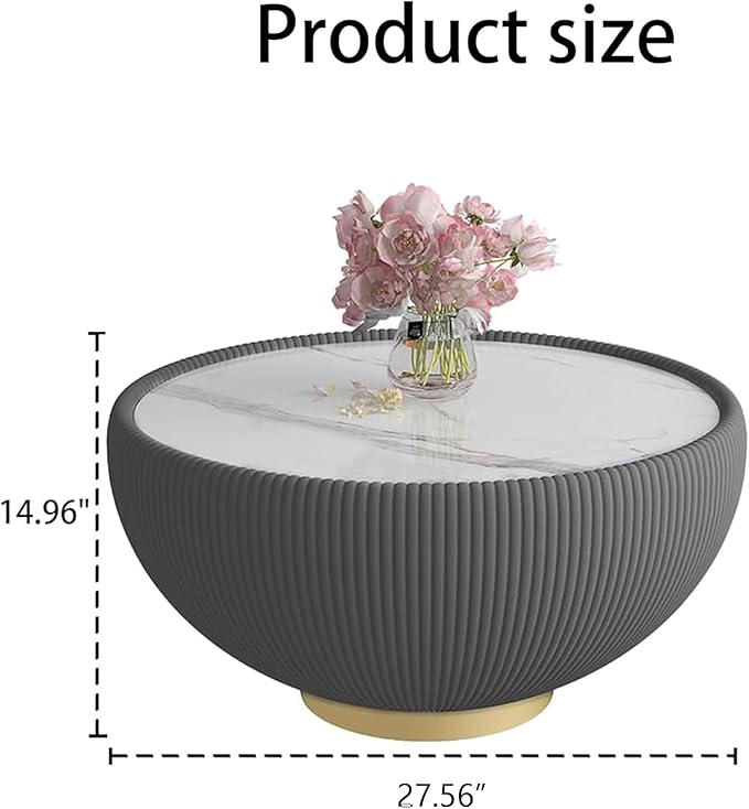 27.56" Grey Round Coffee Table, Drum Coffee Table with Sintered Stone Tabletop and Fluted PU Leather Covered and Metal Base, Circle Cocktail Tea Table for Living Room