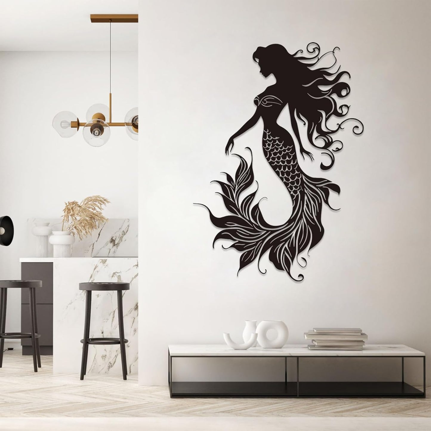 Veplsur Mermaid Metal Wall Art, Metal Mermaid Wall Decor, Marine Biology Wall Decor, Ocean Wall Art, Nautical Wall Hanging, Beach Hanging for Bathroom Bedroom (White, 24"x17"|60x43cm)