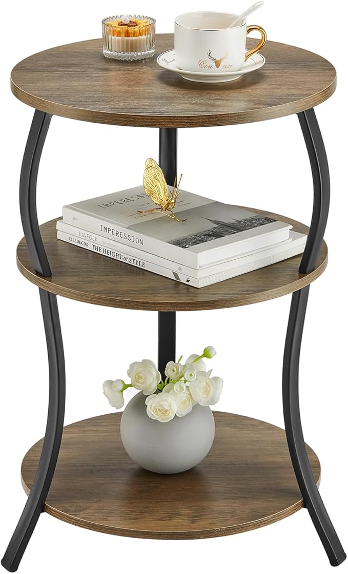 Round Side Table, 3-Tier Waist End Table with Storage Shelf, Side Tables Living Room,15.75x24’’Round Table, Sofa Side Table, Snack Table TV Tray Table, Vintage Nightstand for Bedroom,Grey