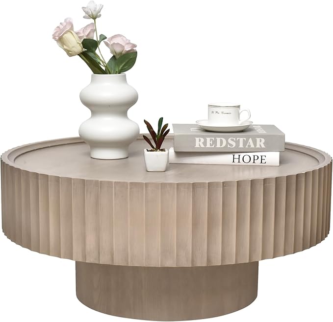 Round Coffee Table with Storage, 30.3” Fluted Drum Modern Living Room Table, Circle Wood Gray Center Tables, Accent Mushroom Shape Coffee Tables for Living Room, Apartment(30.3''L×13.7''H)