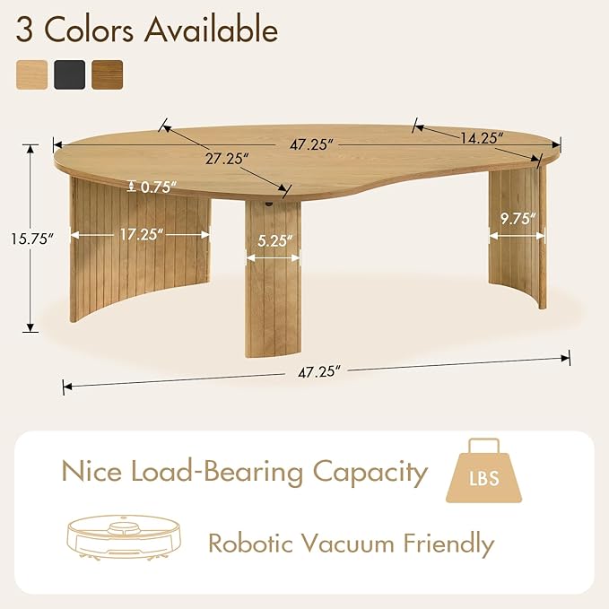 Modern Wood Coffee Table 47.25 Inch for Living Room, Natural Boho Center Table with Irregular Mango Top and Fluted Legs for Apartment