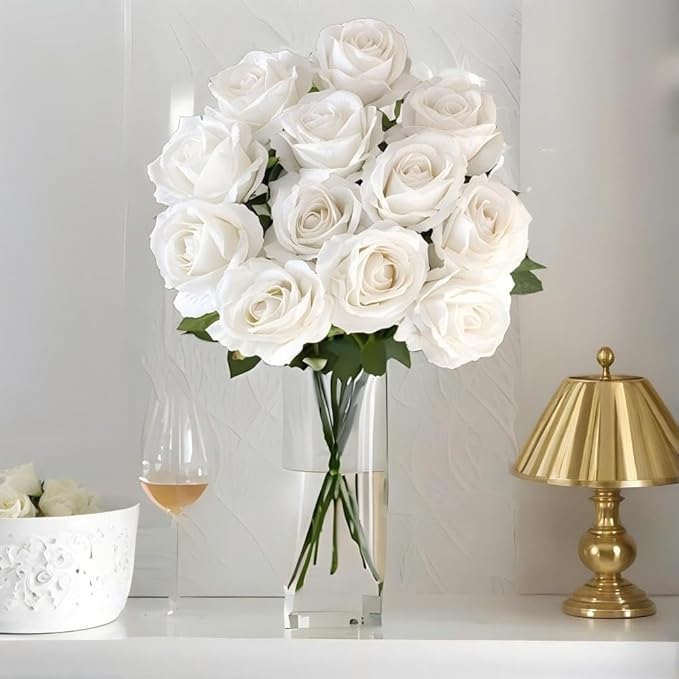 Jasion 12PCS Artificial Roses Realistic Velvet Silk Flowers Long Stem Faux Flowers Bouquet for Wedding Home Party Table Centerpieces Decorations (White)