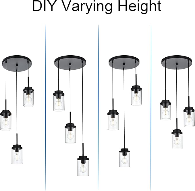 MELUCEE 3-Light Farmhouse Black Pendant Lights Kitchen Island, Modern Light Fixtures Ceiling Hanging with Clear Glass Shade Cluster Pendant Lighting for Dining Room Kitchen Hallway Stair
