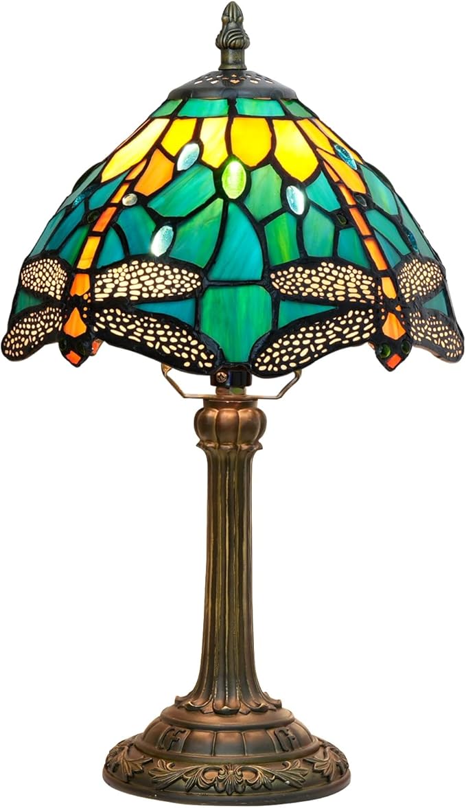 Tiffany Lamp Style Stained Glass Table Lamp Teal Dragonfly Green Bedroom Bedside Light for Office Dorm Bar Decor Retro Unique Cute fun Small Night Light Gift Aesthetic Accent Village Nightstand Lamps