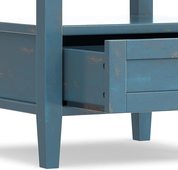 SIMPLIHOME Warm Shaker End Table - 20 inch Wide Solid Wood Square Accent Table in Distressed Coastal Blue, Transitional Side Table for Living Room or Bedroom with Drawer, Open Shelf and Tapered Legs