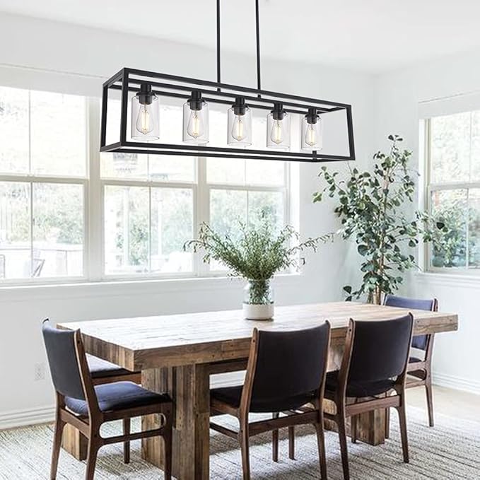 MELUCEE 36.2 Inches Length Industrial Chandelier for Kitchen Island, 5-Light Rectangle Dining Room Lighting Fixtures Hanging Black Finish, Farmhouse Pendant Light Open Metal Frame with Clear Glass