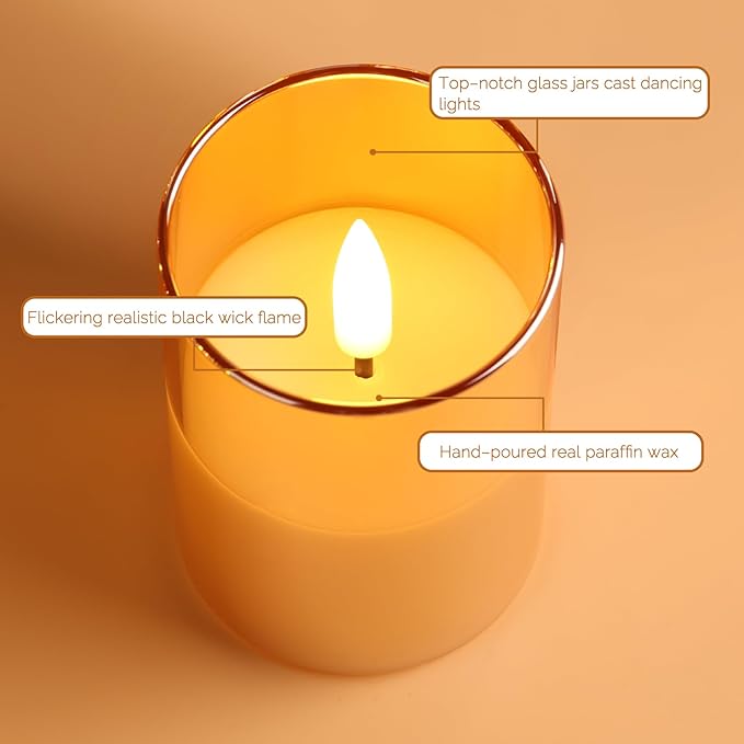 Gold Glass Flameless Candles with Remote Batteries, Flickering Slim LED Pillar Candles Christmas Holiday Decor Set of 5