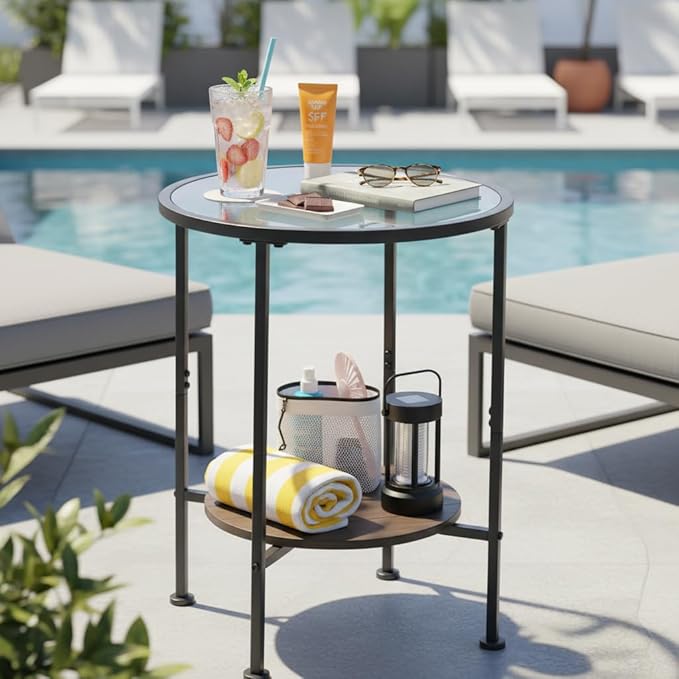 Tempered Glass Side Table with Storage Shelf for Small Spaces,16.15" 2 Tier Round Glass End Table, Small Side Table with Storage for Living Room,Round Bedside Table for Bedroom (Black)