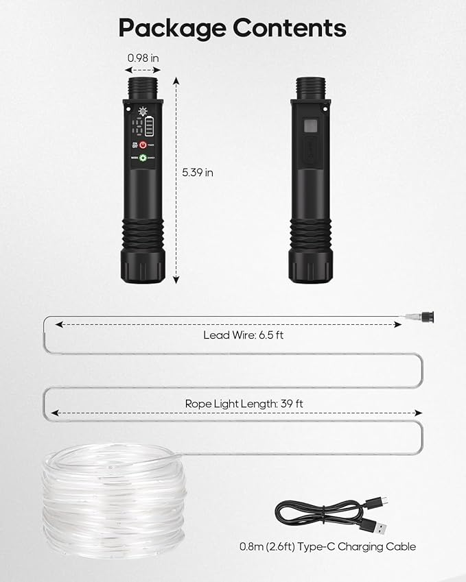 Rechargeable Rope Lights, 39FT 120LED Outdoor Waterproof String Lights with 1200mah Portable Rechargeable Battery, Timing & 8 Modes for Party Christmas Camping DIY Tree trampoline - Cool White 2 Pack