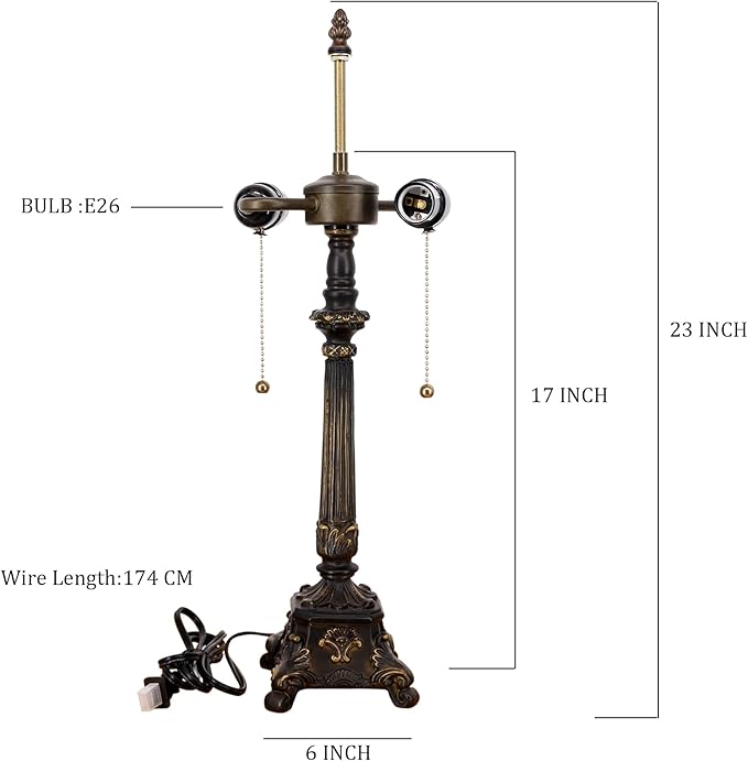 Table Lamp Base Replacement Only, Wide 6 Height 23 Inch, Fit for 12, 14, 16, 18 Inch Tiffany Style Stained Glass Lampshade, Dark Bronze Finish, Resin, Pull Chain Switch(J (W6H23 Inch))