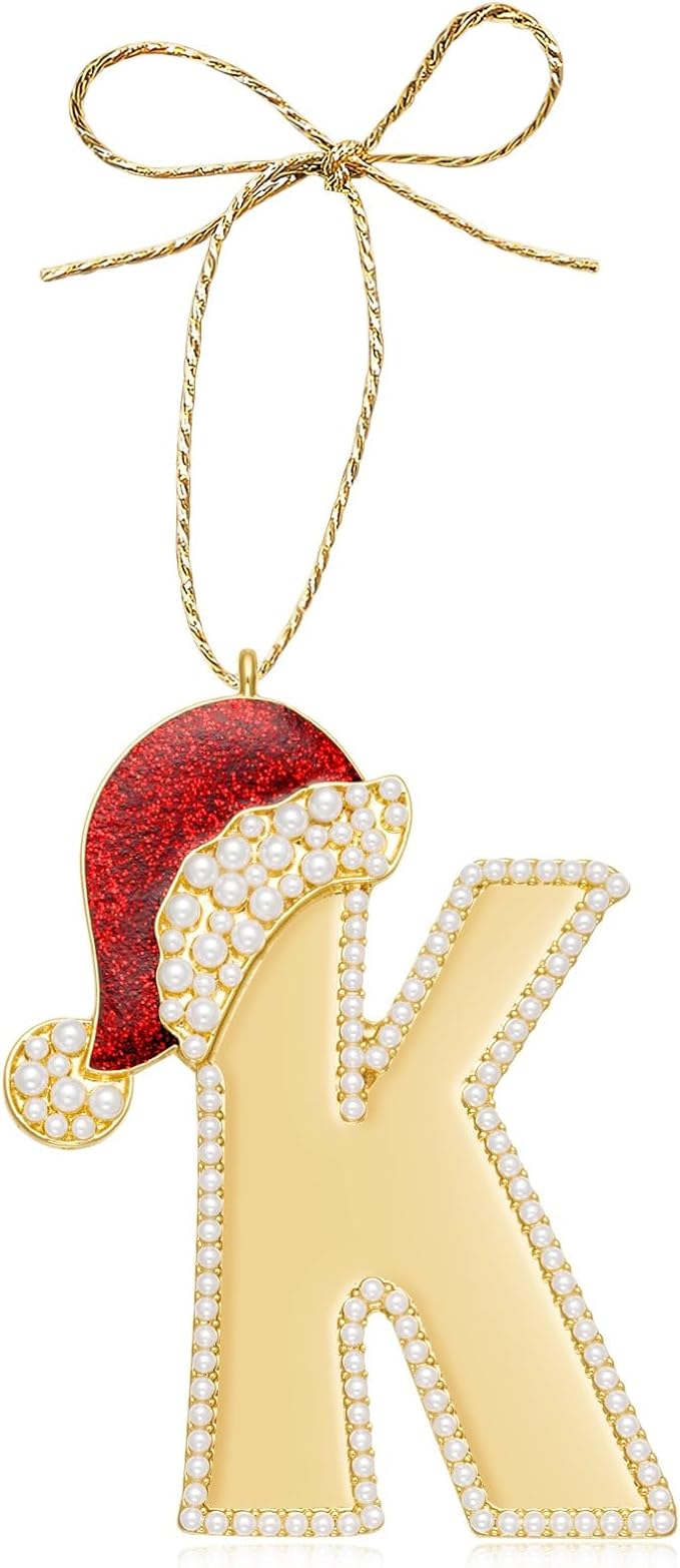 2025 Christmas Ornaments, Letter K Ornaments for Christmas Tree,Hanging Xmas Red Hat Ornament for Mother Best Friends Sister Wife