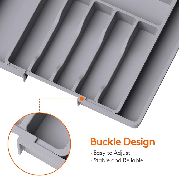 Lifewit Silverware Drawer Organizer, Expandable Utensil Tray for Kitchen, BPA Free Flatware and Cutlery Holder, Adjustable Plastic Storage for Spoons Forks Knives, Large, Grey