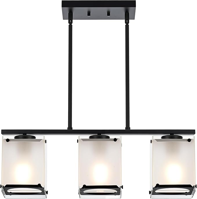 3-Light Dining Room Light Fixture Kitchen Island Lighting with Frosted Glass Shade Linear Black Chandelier Pendant Lighting Over Table for Dining Table Kitchen Island, Adjustable Height
