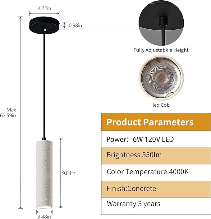 Modern LED Concrete Pendant Light Kitchen Islandceiling Light Fixture Pendant Lighting for Dining Room Coffee Club Resturant Bar Living Room(3-Pack)
