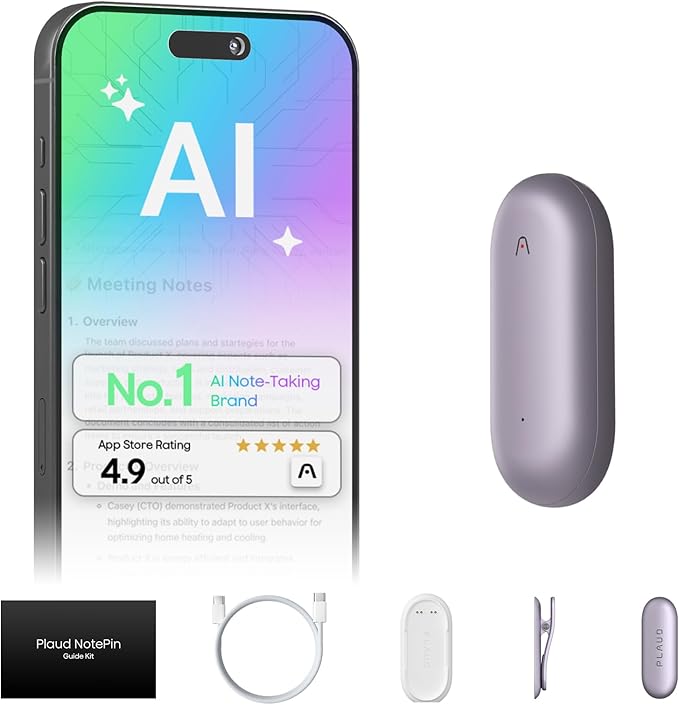 Plaud NotePin Voice Recorder, AI Voice Recorder, App Control, AI Notetaker, AI Transcribe & Summarize, Support 112 Languages, 64GB Memory, Audio Recorder for Lectures, Meetings, Sunset Purple