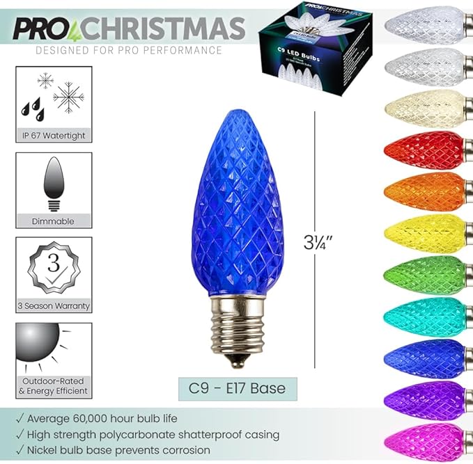 Pro Christmas C9 LED Christmas Light Kit for Rooflines & Pathways – DIY Cut to Length, Outdoor Commercial Grade (White Wire w/Vampire Plugs, 50 Bulbs, 50 ft) Blue