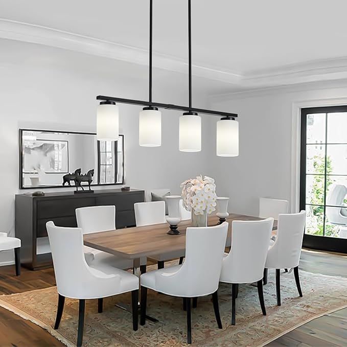 4-Light Modern Island Lights for Kitchen, Black Dining Room Light Fixtures Farmhouse Linear Chandeliers Over Table, White Frosted Glass Adjustable Hanging Light Kitchen Pendant Lighting Over Island