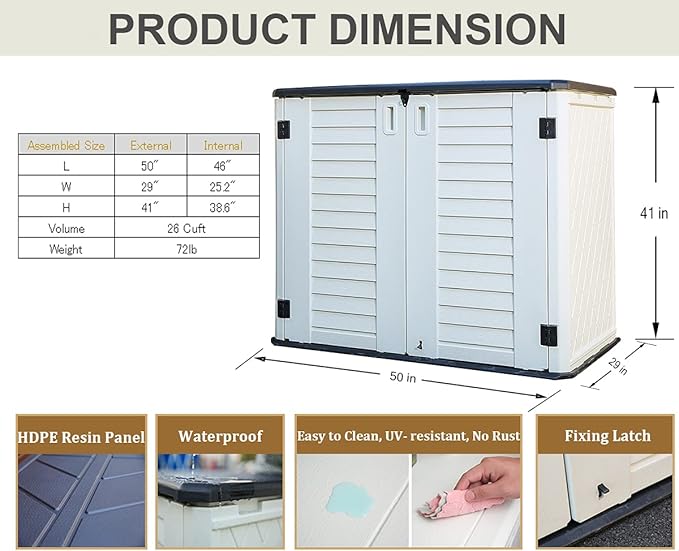 HOMSPARK Storage Shed Weather Resistance, Multi-Purpose Outdoor Storage Cabinet for Backyards and Patios, Horizontal Storage Shed for Lawnmower, Patio Accessories (White 1, Large - 26 cu.ft)