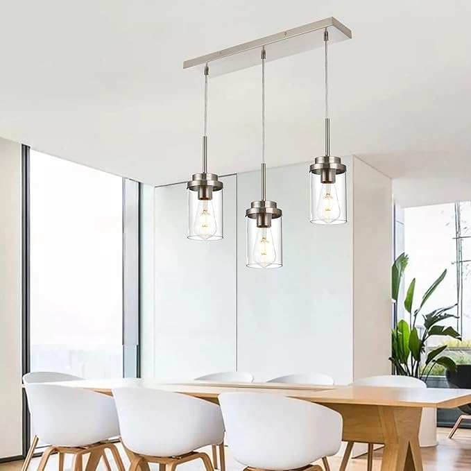 MELUCEE Kitchen Pendant Lighting Over Island 3 Lights Linear Chandelier Brushed Nickel Finish Dining Room Light Fixtures Ceiling Hanging Lamp with Clear Glass Shade, 20.5 Inches Length