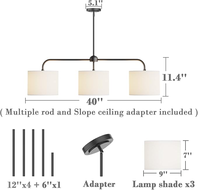 Electro bp;40" W 3-Light White Linen Drum Shade Chandelier with Black Metal Linear Pendant Light Fixture for Kitchen Island,Dining Table,E26,180W;
