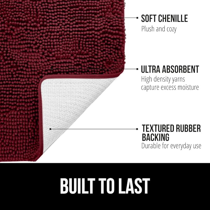 GORILLA GRIP Bath Rug Mat 30x20, Thick Soft Absorbent Chenille, Quick Dry Microfiber Mats, Rubber Backing Washable Shower Floor Rugs, US Designed Bathroom Bathmat Home Decor Accessories, Burgundy