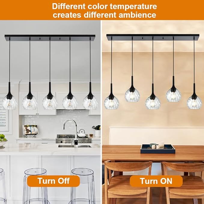 VINLUZ 5-Light Hanging Pendant Kitchen Island Light in Classic Black Finish with Ribbed Glass Shades, Modern Chandelier for Dining Room & Hallway