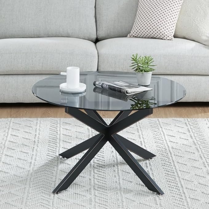 Black & Round Glass Coffee Tables for Living Room, Home Office, Modern & Simple Center Table with Gray Tempered Glass Top, 35.5" Wx19.7 H