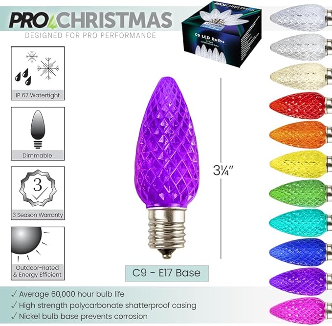 Pro Christmas C9 LED Christmas Light Kit for Rooflines & Pathways – DIY Cut to Length, Outdoor Commercial Grade (White Wire w/Vampire Plugs, 100 Bulbs, 100 ft) Purple and Green